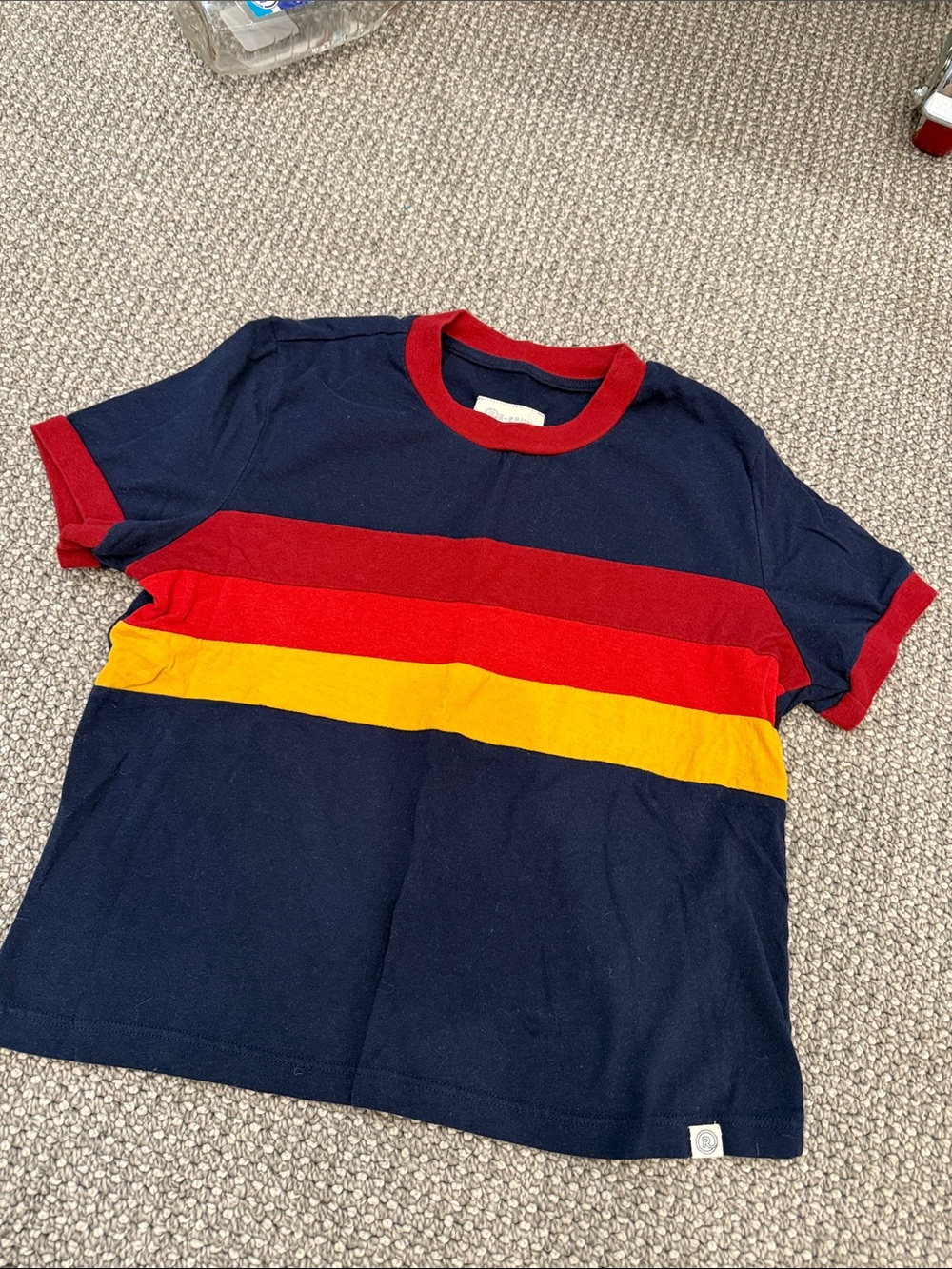 Marine Layer Women’s Retro Cropped Navy T‑Shirt with Red & Yellow Stripes